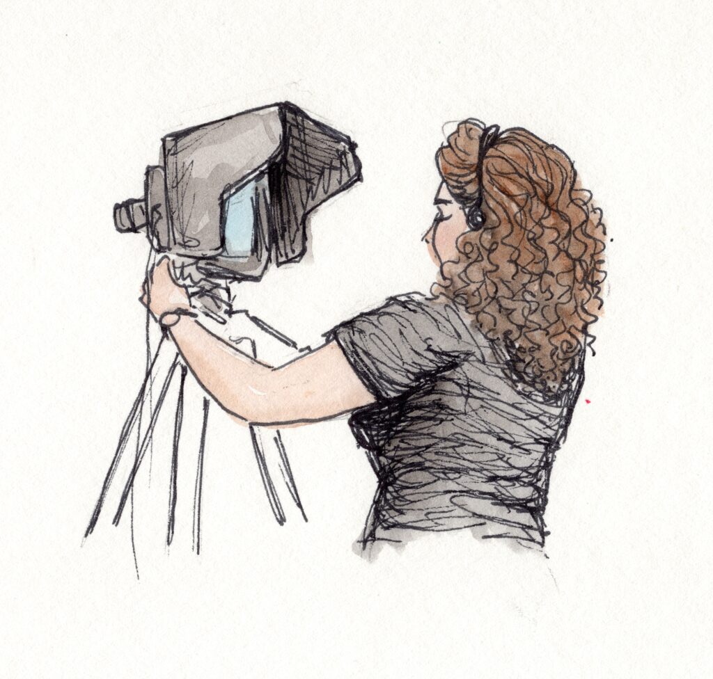 watercolor drawing of woman operating a studio camera
